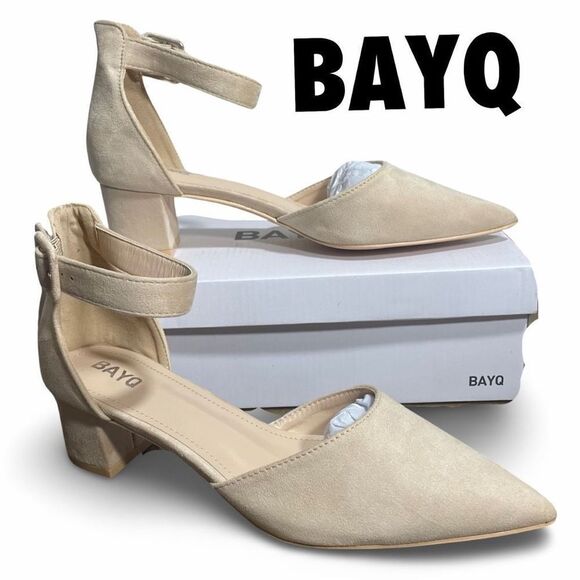 BAYQ Ankle Strap Chunky Low Heels, Pointed Toe, 2” Heel, Nude Suede, Size 9.5 - Picture 1 of 9